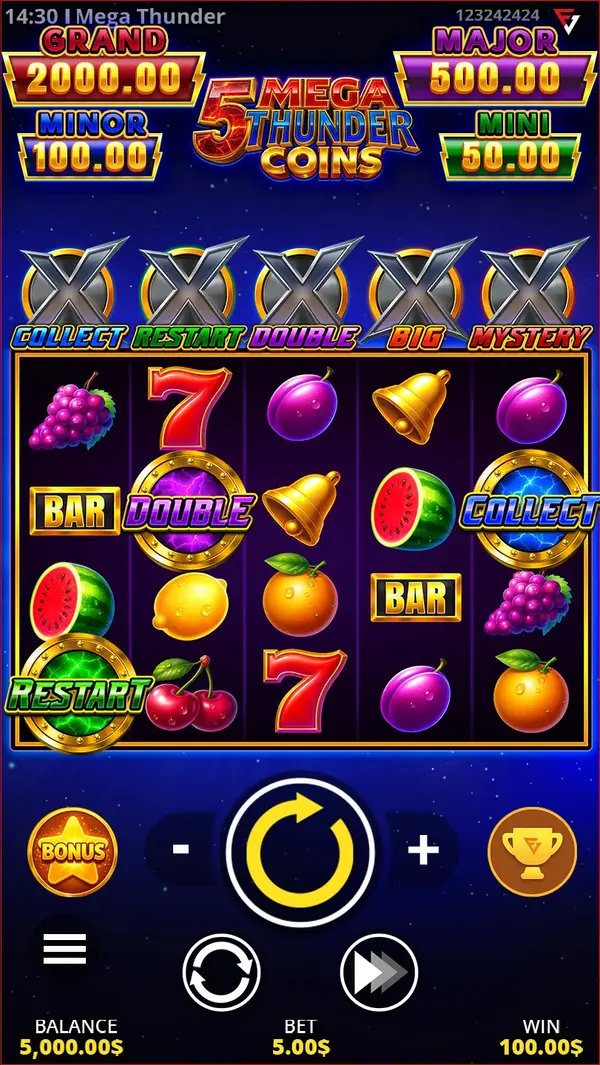 5 Mega Thunder Coins mobile — Hauptspielbildschirm
